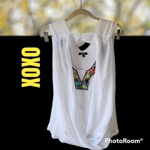 XOXO white blouse with colorful stone accent neckline women's size Medium